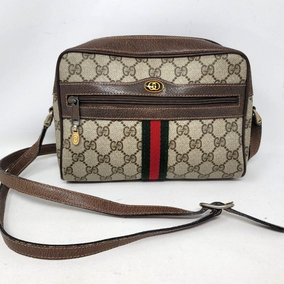 Gucci Ophidia Web Stripe Brown GG Supreme Canvas Leather Cross Body Hand Bag VTG